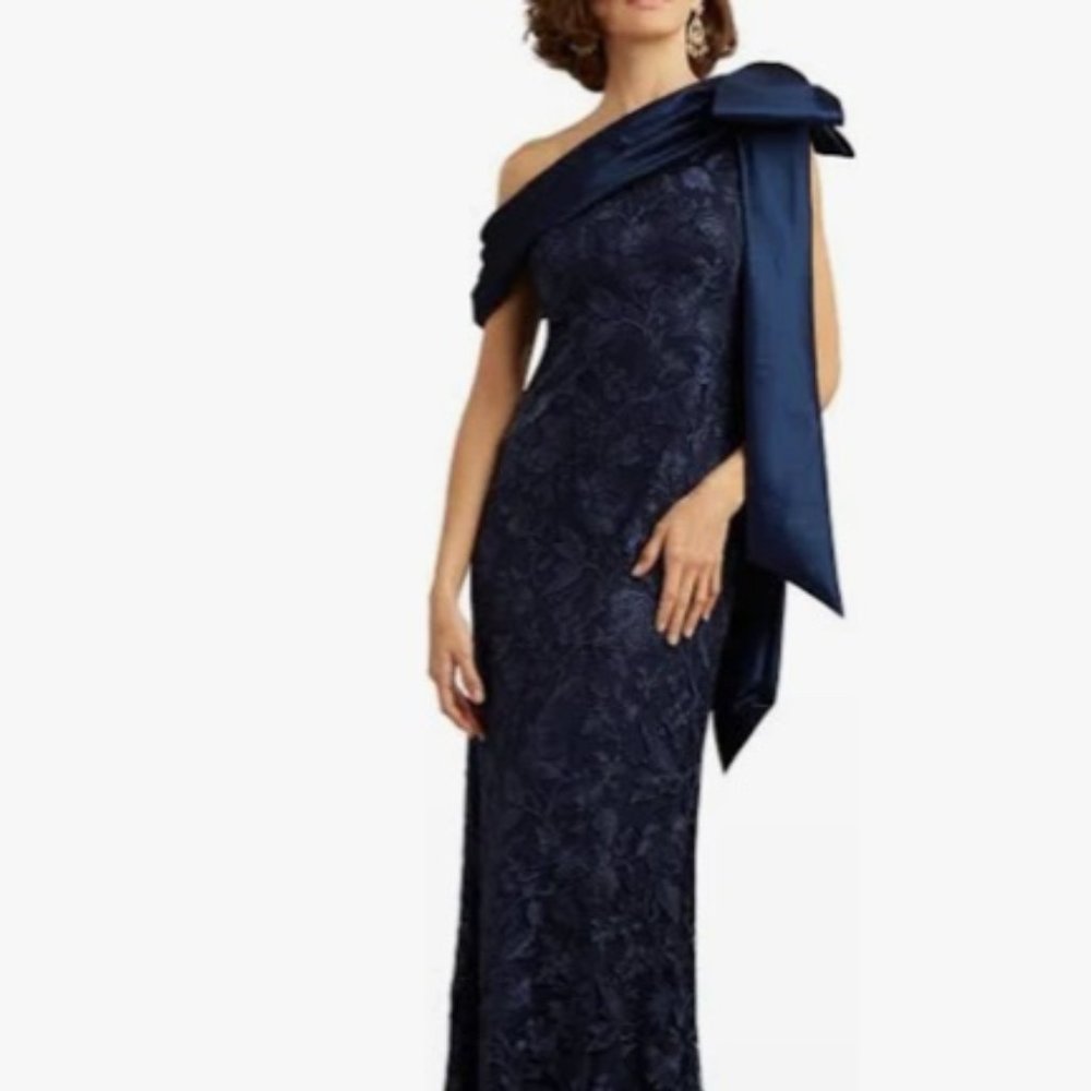 Tadashi Shoji Draped One-Shoulder Gown w/Taffeta Bow